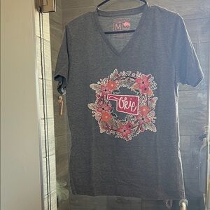 Grey V-Neck Floral 'Okie' Graphic Tee